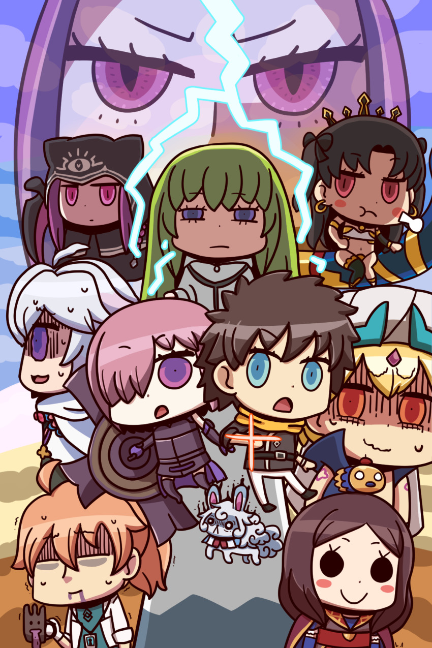 1other 4boys 5girls androgynous arabian_clothes armor armored_dress asymmetrical_legwear asymmetrical_sleeves blonde_hair blue_eyes blue_gloves brown_hair chaldea_uniform chibi cloak closed_eyes command_spell creature cropped_vest crown detached_collar detached_sleeves dress earrings elbow_gloves enkidu_(fate) fate/grand_order fate_(series) forehead fou_(fate) fujimaru_ritsuka_(male) fujimaru_ritsuka_(male)_(true_ether_chaldea_uniform) gilgamesh gilgamesh_(caster)_(fate) gilgamesh_(fate) gloves gorgon_(composite_deity_gorgon)_(fate) gorgon_(fate) grail-kun green_hair hair_over_one_eye heavenly_boat_maanna highres holding holding_shield hood hooded_cloak hooded_robe hoop_earrings ishtar_(fate) jewelry kingu_(fate) l.n lab_coat leonardo_da_vinci_(fate) long_hair mash_kyrielight medusa_(fate) medusa_(lancer)_(fate) medusa_(rider)_(fate) merlin_(fate) multiple_boys multiple_girls official_alternate_costume orange_hair parody parted_bangs purple_eyes purple_hair red_eyes rider riyo_(lyomsnpmp)_(style) robe romani_archaman shield short_hair single_detached_sleeve single_elbow_glove single_sleeve single_thighhigh style_parody thighhighs tiara toga tohsaka_rin turban two_side_up uneven_legwear uneven_sleeves very_long_hair vest weapon white_robe