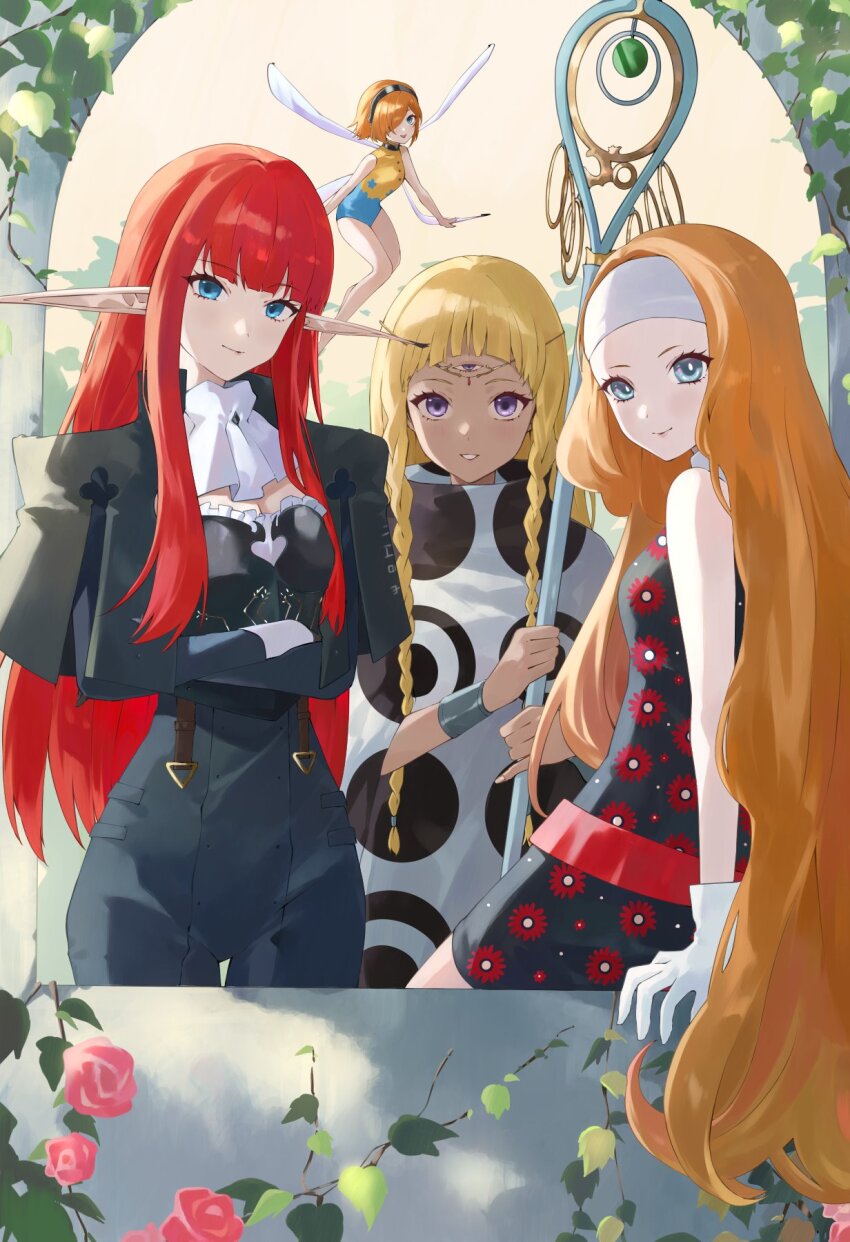 4girls ascot belt black_capelet black_choker black_dress black_hairband blonde_hair blue_eyes blunt_bangs braid buttons capelet choker closed_mouth commentary_request crossed_arms dark-skinned_female dark_skin dress eupha_(metaphor:_refantazio) fairy fairy_wings floral_print floral_print_dress flying gallica_(metaphor:_refantazio) gloves grey_eyes grin hair_over_one_eye hairband height_difference highres hime_cut holding holding_staff hulkenberg_(metaphor:_refantazio) jewelry junah_(metaphor:_refantazio) konchi_(63438789) leotard long_sleeves looking_at_viewer metaphor:_refantazio mini_person minigirl multiple_girls one_eye_covered open_mouth orange_hair pointy_ears poncho purple_eyes red_belt red_hair short_hair size_difference sleeveless sleeveless_dress leotard smile staff third_eye twin_braids white_ascot white_gloves white_hairband wings