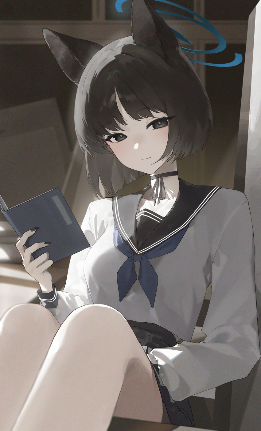 1girl animal_ears black_choker black_eyes black_hair black_nails blue_archive blue_halo blue_neckerchief book cat_ears cat_girl choker halo highres holding holding_book indoors kikyou_(blue_archive) kji_(rozo) looking_at_viewer neckerchief school_uniform serafuku short_hair sitting solo white_serafuku