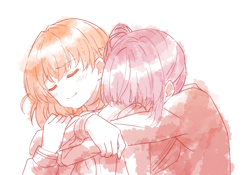 2girls cerise_bouquet closed_eyes commentary_request crossed_bangs hair_bun hair_ornament highres hinoshita_kaho hug hug_from_behind link!_like!_love_live! long_hair love_live! medium_hair multiple_girls nogreen orange_hair otomune_kozue purple_hair rabbit_hair_ornament side_ponytail sidelocks single_side_bun two_side_up u_u upper_body virtual_youtuber
