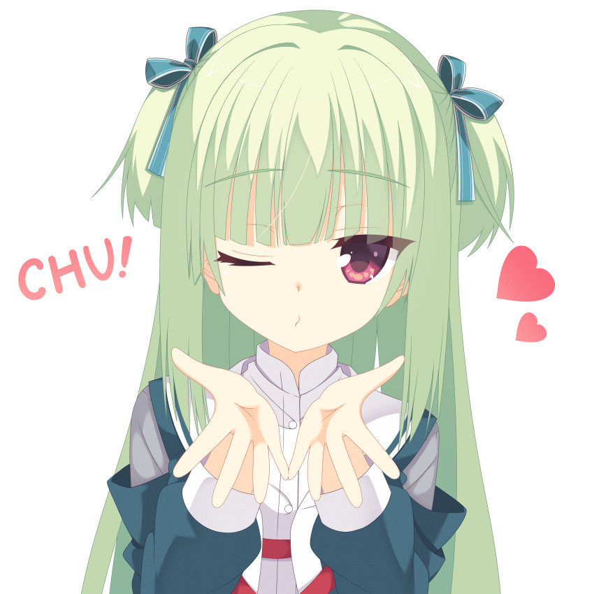1girl absurdres blowing_kiss blue_ribbon blunt_bangs blunt_ends commentary_request eyes_visible_through_hair green_hair green_jacket hair_ribbon hands_up heart highres hime_cut jacket kaon_zz long_hair long_sleeves looking_at_viewer murasame_(senren) official_alternate_costume one_eye_closed outstretched_hand puckered_lips red_eyes ribbon sailor_collar school_uniform senren_banka serafuku simple_background solo sound_effects straight_hair tsurime two_side_up upper_body white_background white_sailor_collar