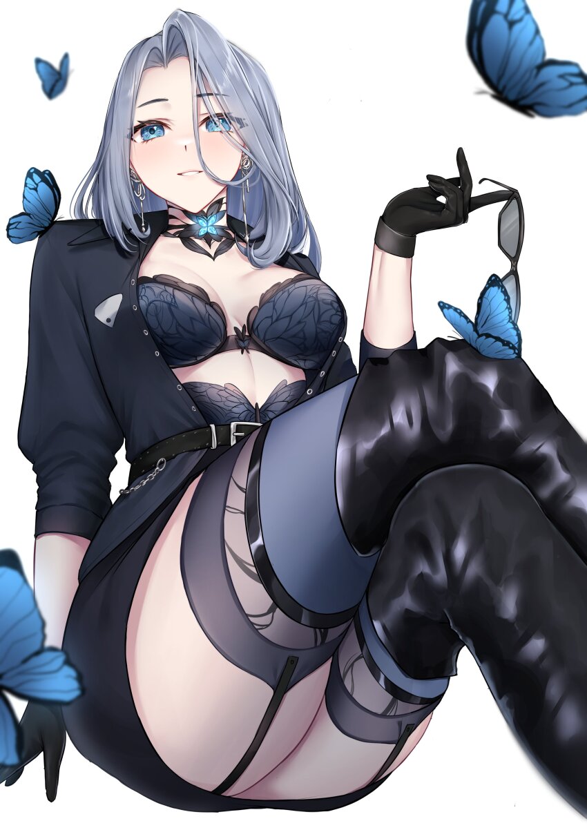 1girl absurdres belt black_belt black_boots black_gloves blue_butterfly blue_eyes blush boots bra breasts bug butterfly butterfly_choker cleavage commentary commission crossed_legs earrings feet_out_of_frame forehead formal_clothes gloves grey_hair grey_thighhighs highres holding holding_removed_eyewear insect jewelry lace lace_bra lace_garter_belt long_hair medium_breasts monarch_(amalee) monarch_(mafia)_(amalee) pencil_skirt simple_background sitting skirt skirt_suit smile solo suit sunglasses teeth thick_thighs thigh_boots thighhighs thighs unbuttoned underwear unworn_eyewear virtual_youtuber vshojo white_background yiotaart