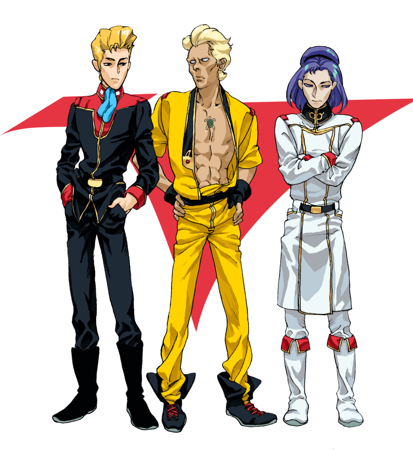 3boys abs blonde_hair gundam highres jacket jerid_messa military military_uniform multiple_boys muscular muscular_male open_clothes open_jacket paptimus_scirocco utaco yazan_gable zeta_gundam