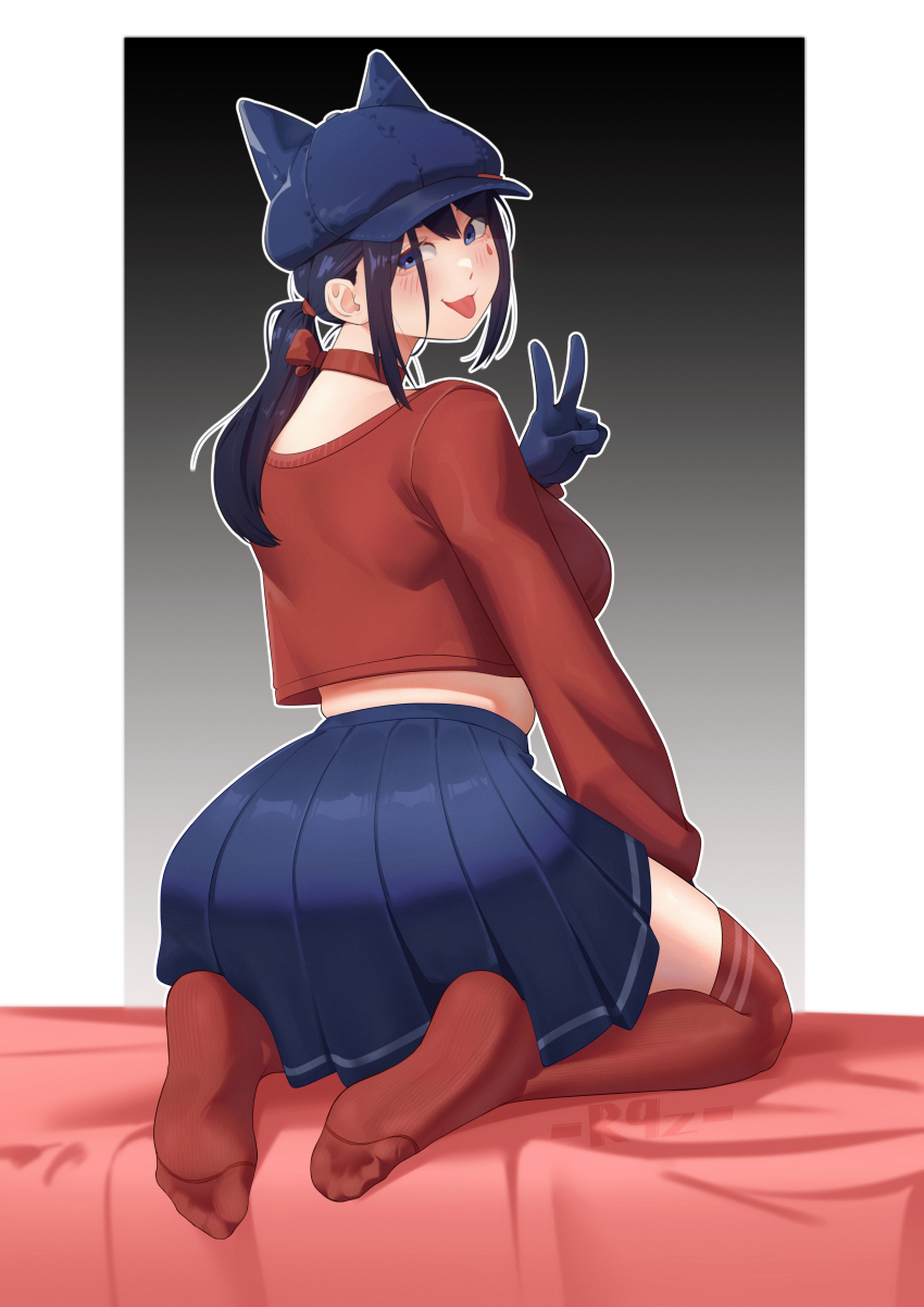 1girl :p absurdres black_hair blue_eyes blush cool_mita_(miside) feet hat highres long_hair looking_at_viewer looking_back miside mita_(miside) ponytail r9z red_thighhighs soles thighhighs toes tongue tongue_out v