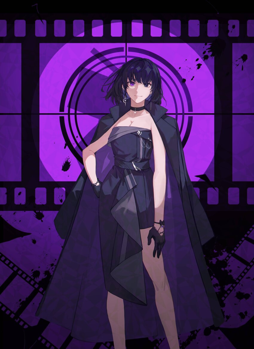 1girl absurdres black_dress black_eyes black_gloves black_hair black_jacket bob_cut breasts cleavage commentary_request contrapposto dress earrings feet_out_of_frame film_reel gloves han_sooyoung hand_on_own_hip head_tilt heterochromia highres jacket jacket_on_shoulders jewelry looking_at_viewer omniscient_reader&#039;s_viewpoint purple_eyes sanjinmogufufu short_hair smile solo spotlight standing textless_version