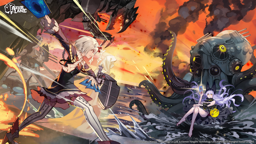 2girls animal_ear_headwear animal_ears april_fools arm_up azur_lane bare_legs black_dress black_panties blonde_hair blush breasts card clenched_teeth crossed_legs curly_hair drawing_(object) dress duel duel_disk facing_viewer fake_animal_ears fiery_background fire floating floating_hair frilled_dress frills from_behind from_side full_body glowing_card hair_ornament half-closed_eyes hand_on_own_knee hermes_(azur_lane) high_heels highres holding holding_card hungry_clicker long_hair looking_at_another mecha medium_hair midair monster multiple_girls non-web_source observer_alpha_(azur_lane) ocean official_art outdoors outstretched_arm panties parody red_eyes rigging robot rudder_footwear serious siren_(azur_lane) sitting small_breasts smug splashing standing standing_on_liquid striped_clothes striped_panties striped_thighhighs sunset teeth thighhighs underwear upskirt vertical-striped_clothes vertical-striped_thighhighs very_long_hair white_hair wing_hair_ornament yellow_eyes yu-gi-oh!