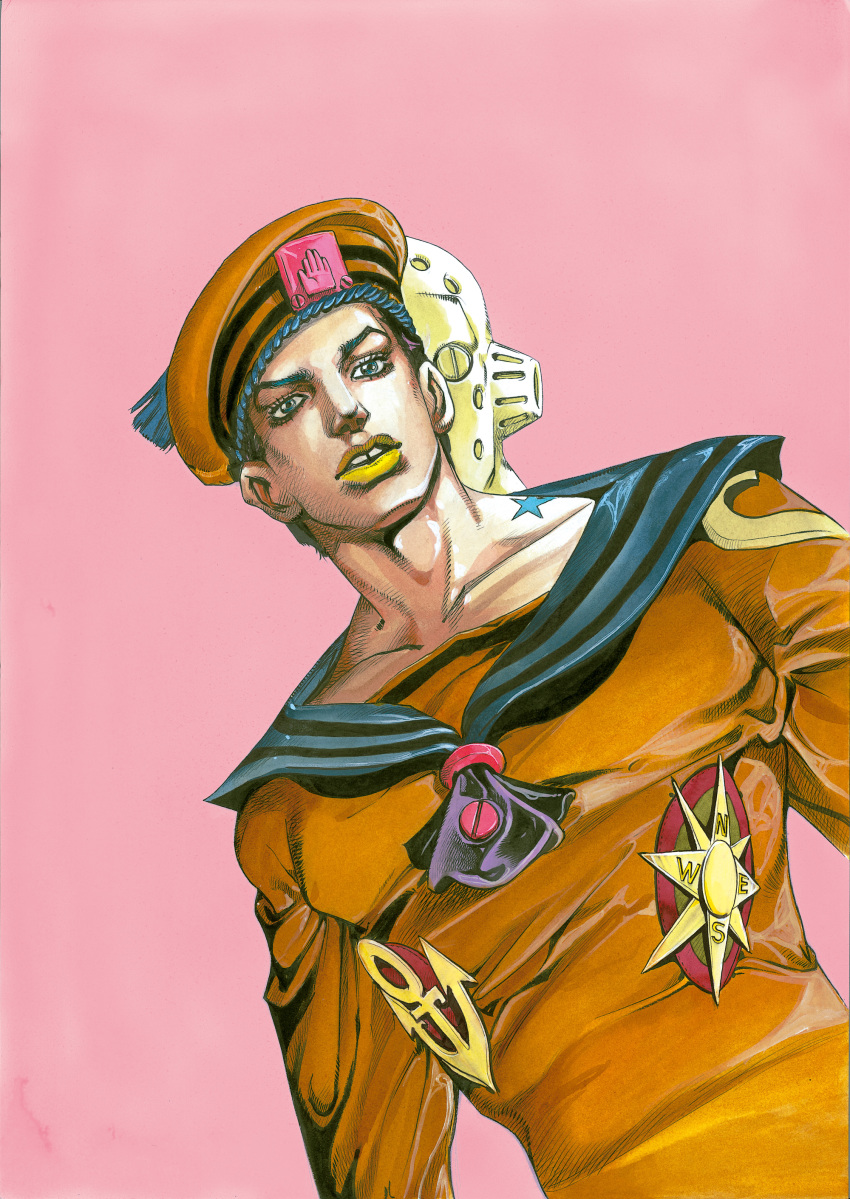 1boy absurdres araki_hirohiko birthmark blouse blue_eyes dress eyelashes fabulous hat higashikata_josuke_(jojolion) highres joestar_birthmark jojo_no_kimyou_na_bouken jojolion lipstick makeup male_focus official_art orange_hat orange_shirt pink_background sailor sailor_dress sailor_hat shirt short_hair simple_background soft_&amp;_wet solo stand_(jojo) standing tooth_gap