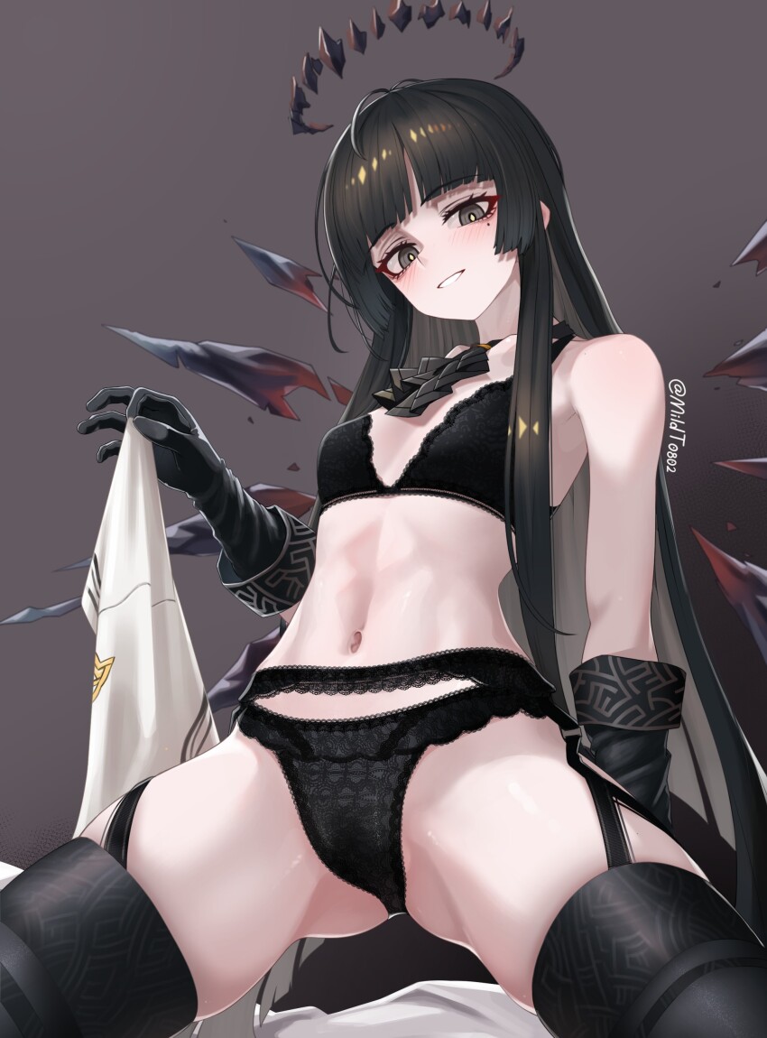 1girl absurdres antenna_hair arknights arm_support armpit_crease artist_name ascot ass bare_arms bare_shoulders black_ascot black_bra black_eyes black_garter_belt black_gloves black_hair black_halo black_panties black_thighhighs black_wings blunt_bangs blurry blurry_background blush bra breasts breasts_apart broken_halo brown_background collarbone colored_inner_hair come_hither commentary cowboy_shot dark_halo depth_of_field detached_wings diamond-shaped_pupils diamond_(shape) energy_wings eyelashes from_below garter_belt gloves gradient_background grey_hair grin halo hand_up highres hime_cut holding holding_jacket holding_unworn_clothes jacket lace lace-trimmed_bra lace-trimmed_garter_belt lace-trimmed_panties lace_trim lingerie long_hair looking_at_viewer looking_down mildt mole mole_under_eye multicolored_hair naughty_face navel panties parted_lips revision shadow sidelocks small_breasts smile solo stomach straight_hair symbol-shaped_pupils teeth thighhighs thighs twitter_username two-tone_hair underwear underwear_only unworn_jacket very_long_hair virtuosa_(arknights) white_jacket wings yellow_pupils