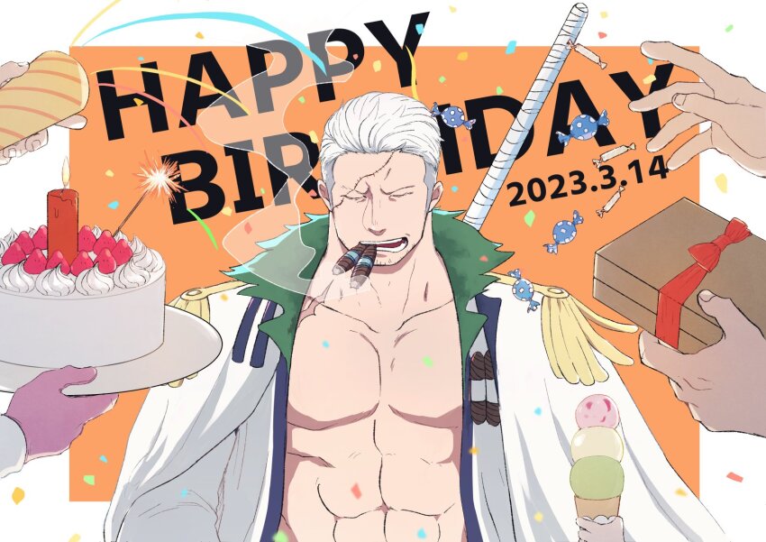 2girls 3boys abs beard_stubble birthday_cake cake candy cigar closed_eyes coat coat_on_shoulders commentary_request confetti dated epaulettes facial_hair food gift happy_birthday highres holding holding_food holding_gift holding_ice_cream ice_cream jacket male_focus multiple_boys multiple_girls one_piece open_clothes open_jacket orange_background out_of_frame smoker_(one_piece) stitched_face stitches strawberry_shortcake stubble tashigi upper_body white_coat white_hair yamakazi47 yu_(one_piece)
