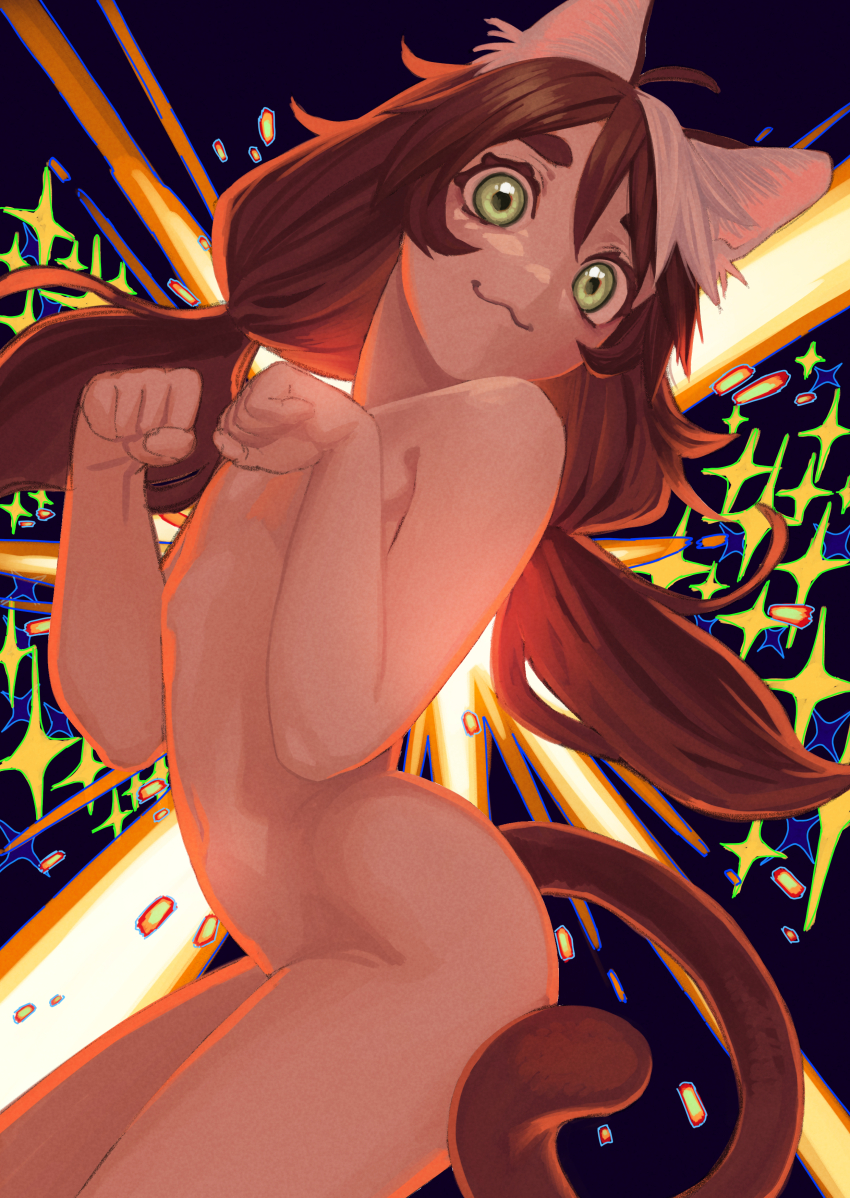 1girl :3 absurdres ahoge animal_ear_fluff animal_ears arched_back brown_hair cat_ears cat_girl cat_tail completely_nude cowboy_shot flat_chest green_eyes highres light_rays long_hair looking_at_viewer low_twintails multicolored_hair navel nude pastime774 paw_pose solo sparkle_background tail thick_eyebrows twintails two-tone_hair unique_job_&quot;tanetsuke_oji-san&quot;_o_kakutoku_shimashita white_hair