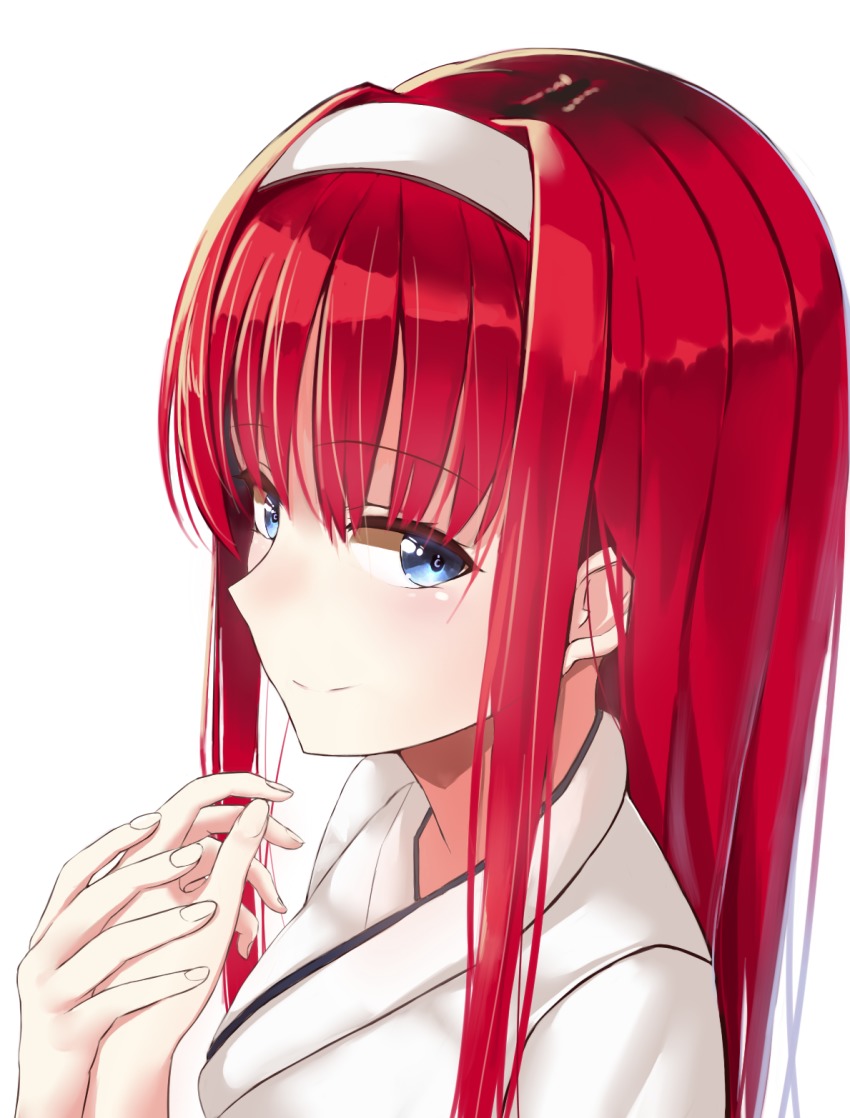 1girl blue_eyes blush closed_mouth female_focus hairband highres i.f.s.f japanese_clothes long_hair looking_at_viewer melty_blood own_hands_together portrait red_hair sidelocks simple_background smile solo tohno_akiha toono_akiha tsukihime vermillion_akiha white_background white_hairband