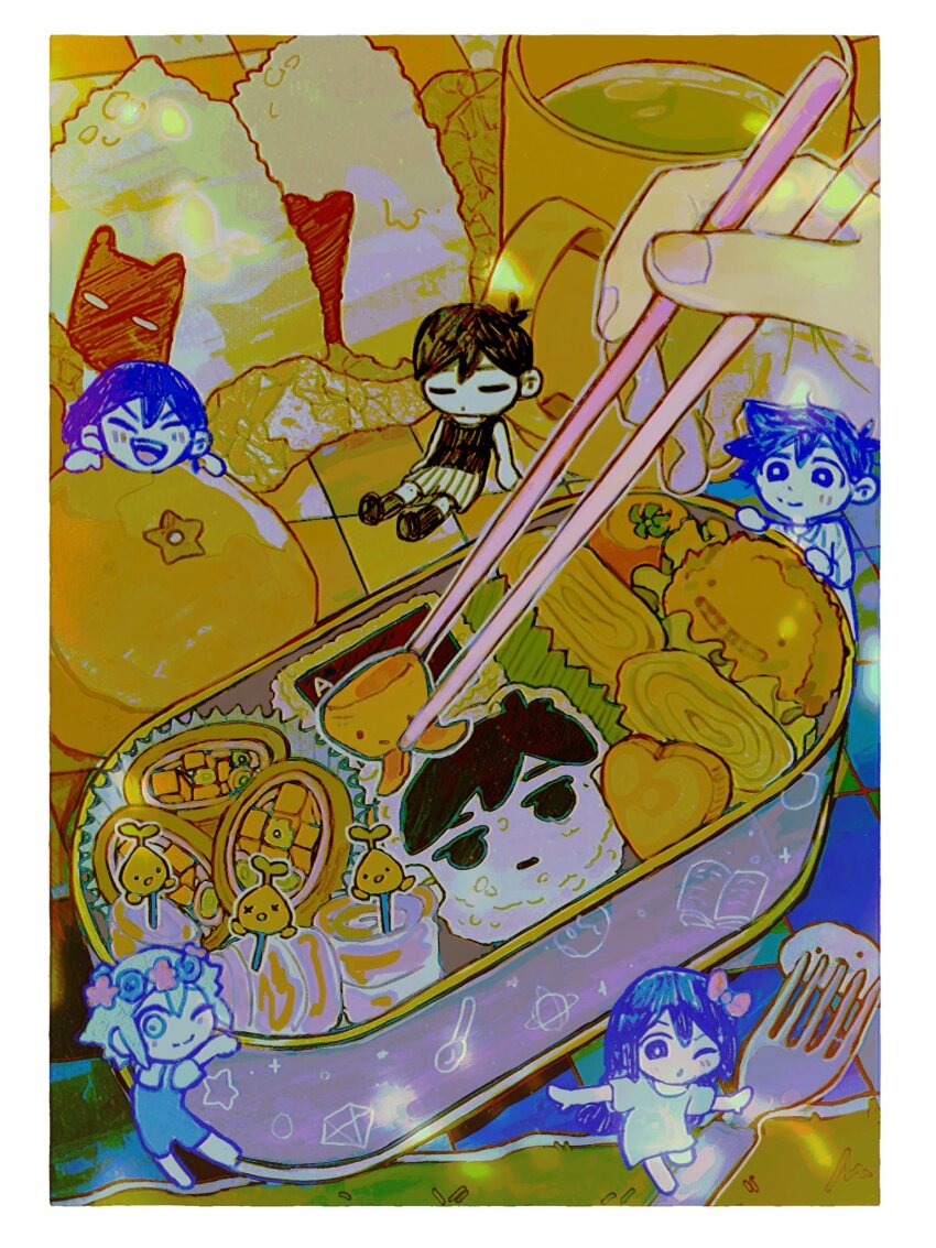 1girl 4boys aubrey_(headspace)_(omori) aubrey_(omori) basil_(headspace)_(omori) basil_(omori) bento black_hair chopsticks closed_eyes closed_mouth colored_skin disembodied_hand food fork green_eyes grey_hair hero_(headspace)_(omori) hero_(omori) highres holding holding_chopsticks humphrey_(omori) kel_(headspace)_(omori) kel_(omori) long_hair milkymilkyshark multiple_boys omori omori_(omori) one_eye_closed onigiri open_mouth purple_eyes purple_hair short_hair snaley_(omori) sprout_mole teeth upper_teeth_only white_skin