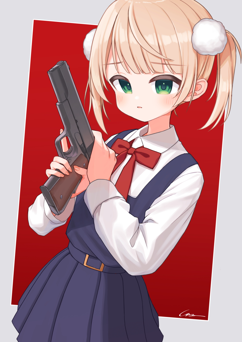 1girl absurdres belt blonde_hair blue_belt blue_dress blue_skirt blunt_bangs bow bowtie collared_shirt cowlick dress green_eyes grey_background gun hair_ornament handgun highres holding holding_gun holding_weapon indie_virtual_youtuber parted_lips pinafore_dress pink_nails pleated_skirt pom_pom_(clothes) pom_pom_hair_ornament red_background red_bow red_bowtie school_uniform serious shigure_ui_(vtuber) shigure_ui_(vtuber)_(young) shirt signature simana skirt sleeveless sleeveless_dress solo suspenders twintails two-tone_background virtual_youtuber weapon white_shirt