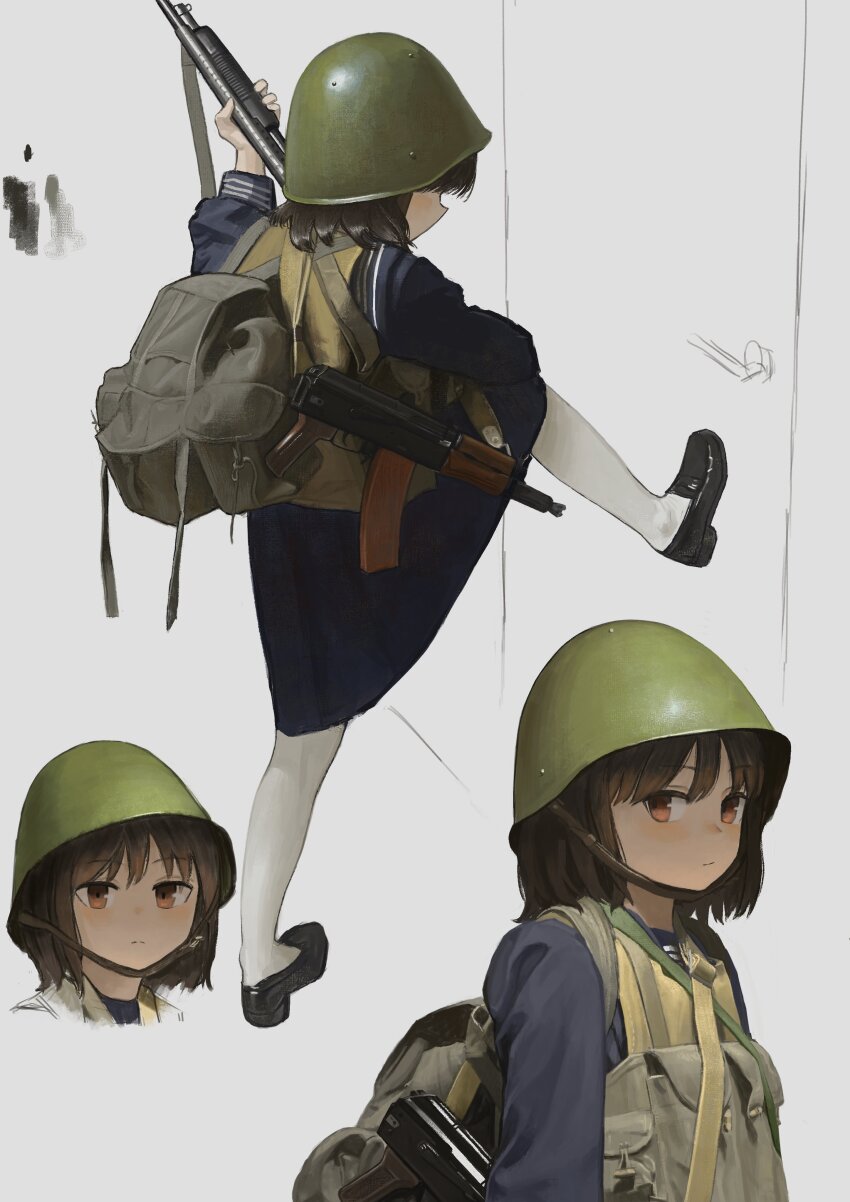 1girl absurdres aks-74u assault_rifle backpack bag black_serafuku black_skirt bob_cut brown_hair chest_rig combat_helmet door garoppui green_helmet gun gun_sling helmet highres holding holding_gun holding_weapon kalashnikov_rifle kicking long_sleeves mary_janes military military_uniform original pantyhose pleated_skirt rifle school_uniform serafuku shoes short_hair shotgun skirt soldier solo_focus soviet weapon weapon_request yellow_eyes
