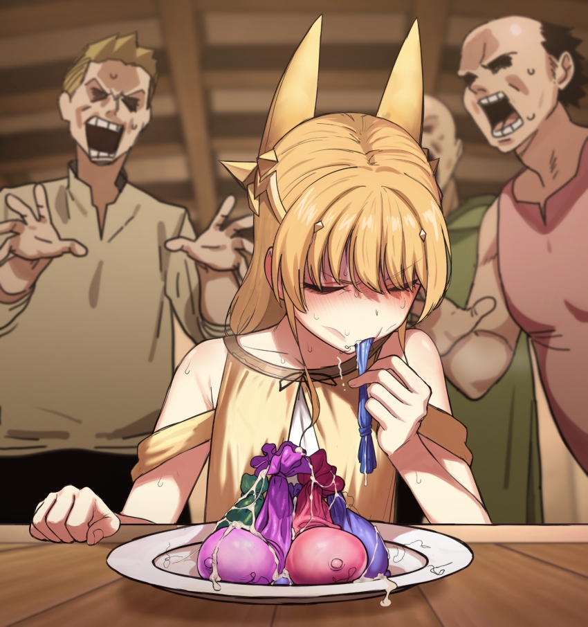 1girl 3boys bare_shoulders blonde_hair closed_eyes collarbone condom cum cum_in_container cum_in_mouth cum_string dot_nose dress eyebrows eyelashes fantasy_bishoujo_juniku_ojisan_to from_below genderswap genderswap_(mtf) gokkun hand_up hetero highres humiliation indoors long_hair multiple_boys shaded_face sleeveless sleeveless_dress solo_focus tachibana_hinata_(fantasy_bishoujo) upper_body used_condom variant_set yellow_dress yoma_(mayo)