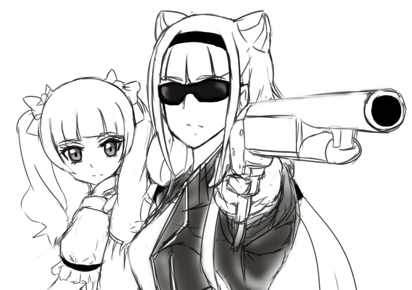 aisaki_emiru artist_request bow gun headband hugtto!_precure jacket leather leather_jacket parody precure ruru_amour shotgun sunglasses terminator_(series) terminator_2:_judgment_day weapon