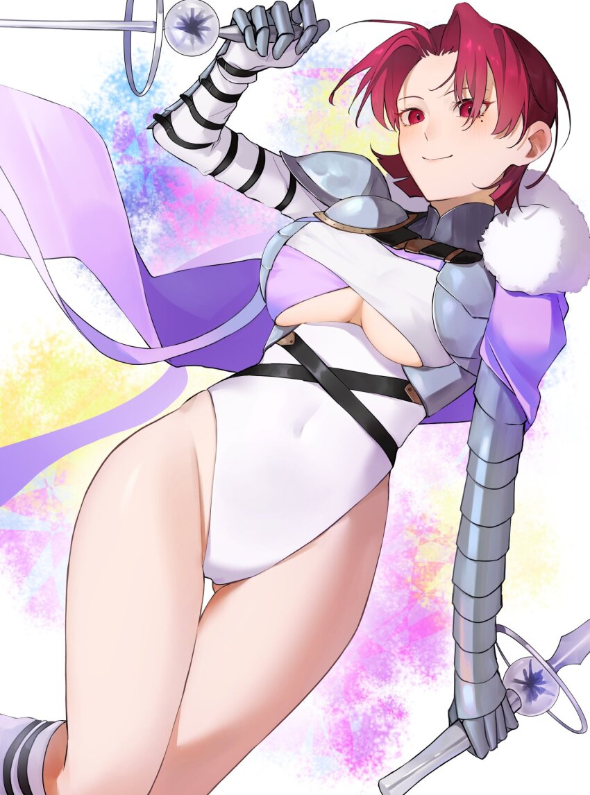 1girl bare_legs bazett_fraga_mcremitz bazett_fraga_mcremitz_(celebratory_attire) breasts cape closed_mouth curtained_hair fate/grand_order fate_(series) high_collar highres holding holding_weapon kneehighs large_breasts leotard long_sleeves looking_at_viewer mole mole_under_eye red_eyes red_hair smile socks solo teba-age underboob weapon