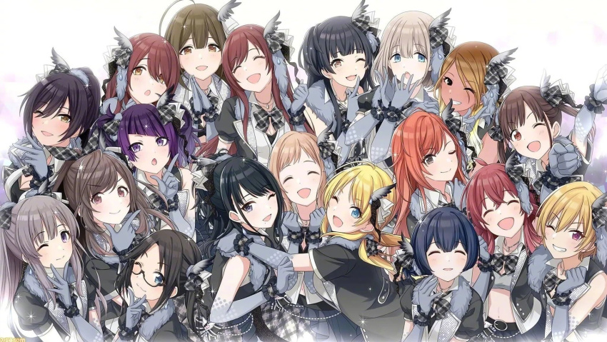 belt black_belt black_skirt dark_skin earrings glasses gloves grey_gloves hair_ornament highres idol_clothes idolmaster idolmaster_shiny_colors izumi_mei jewelry kazano_hiori komiya_kaho kuwayama_chiyuki long_hair mayuzumi_fuyuko mitsumine_yuika morino_rinze multiple_girls official_art open_mouth osaki_amana osaki_tenka saijo_juri sakuragi_mano serizawa_asahi shirase_sakuya short_hair skirt sonoda_chiyoko suzuki_hana tanaka_mamimi tsukioka_kogane yukoku_kiriko