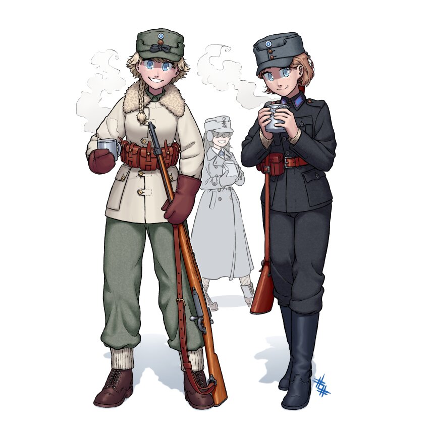 3girls absurdres boots borrowed_character cup finland finnish_clothes gun hat highres holding holding_cup lotta_svaerd military multiple_girls original ostwindprojekt peaked_cap rifle socks sweden swedish_uniform united_states weapon winter winter_clothes world_war_ii