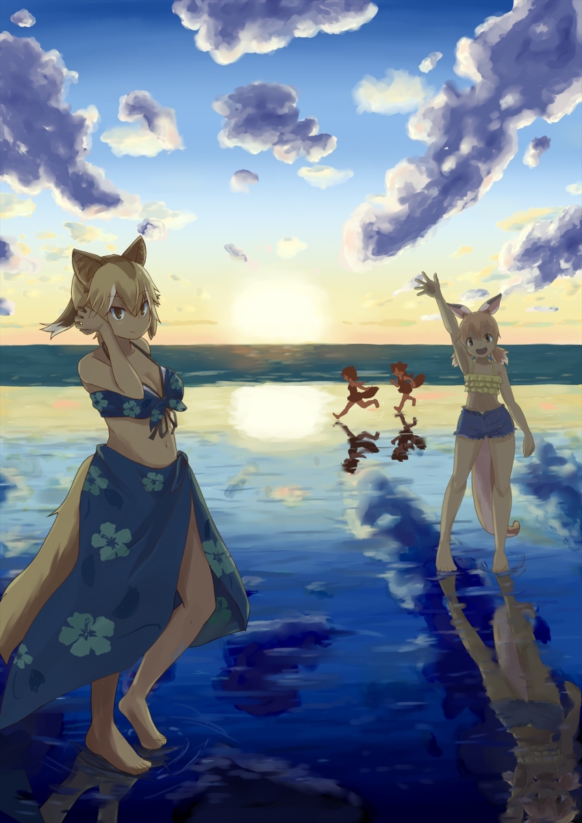 4girls :d alternate_costume animal_ears arm_at_side arm_up australian_devil_(kemono_friends) backlighting bare_arms bare_legs bare_shoulders barefoot beach bikini bikini_skirt bikini_under_clothes blonde_hair breasts brown_eyes brown_hair cleavage closed_mouth cloud denim denim_shorts dingo_(kemono_friends) dog_ears dog_girl dog_tail full_body hair_between_eyes halterneck hand_up hane_(kirschbaum) high_ponytail highres horizon kangaroo_ears kangaroo_tail kemono_friends light_brown_hair looking_at_viewer morning multicolored_hair multiple_girls navel ocean open_clothes open_mouth open_shorts outdoors outstretched_arm outstretched_hand ponytail red_kangaroo_(kemono_friends) reflection ripples running shorts sky smile spread_fingers standing standing_on_one_leg stomach sun sunrise swimsuit swimsuit_under_clothes tail tasmanian_devil_(kemono_friends) tasmanian_devil_ears tasmanian_devil_tail twintails unbuttoned water