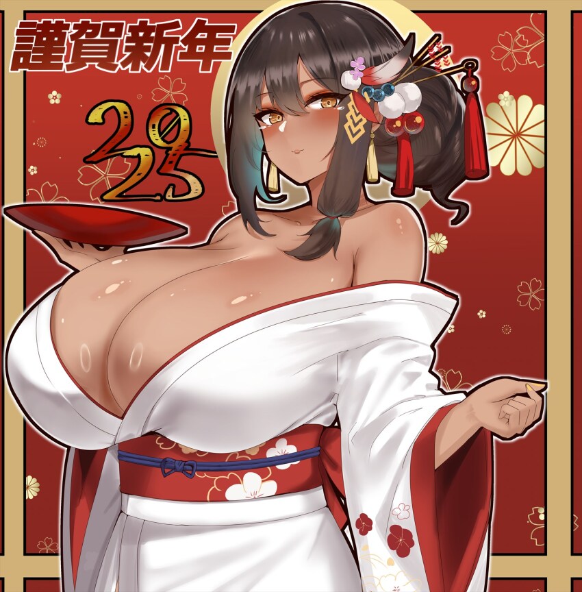 1girl 2025 alternate_costume alternate_hairstyle azur_lane bare_shoulders black_hair breasts brown_eyes cherry_blossom_print cleavage collarbone cup dark-skinned_female dark_skin earrings floral_print hair_between_eyes hair_ornament hair_stick hand_up highres holding holding_cup huge_breasts huge_hair_bun japanese_clothes jewelry kimono long_hair looking_at_viewer nail_polish obi off_shoulder paundo2 print_sash red_background sakazuki sash sidelocks smile solo south_dakota_(azur_lane) tassel tassel_earrings white_kimono wide_sleeves yellow_nails