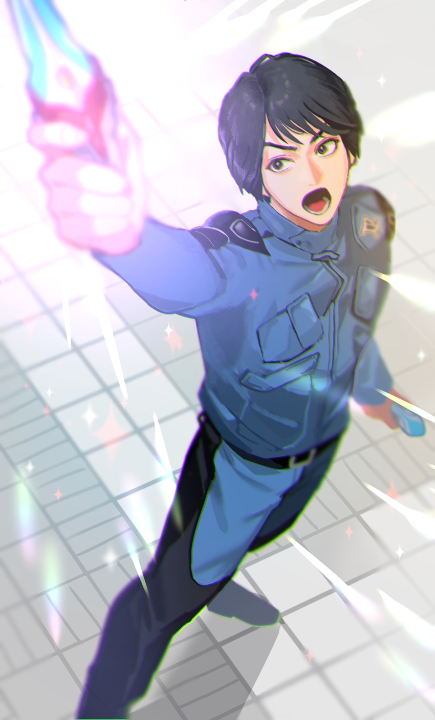 1boy arm_up belt black_belt black_eyes black_hair black_pants black_shoes blue_jacket blue_pants commentary_request emblem evoltruster hand_up high_collar highres holding jacket komon_kazuki male_focus night_raiders_uniform open_mouth pants shoes sparkle swept_bangs tile_floor tiles ultra_series ultraman_nexus_(series) v-shaped_eyebrows yamadori_(tvrn4744)