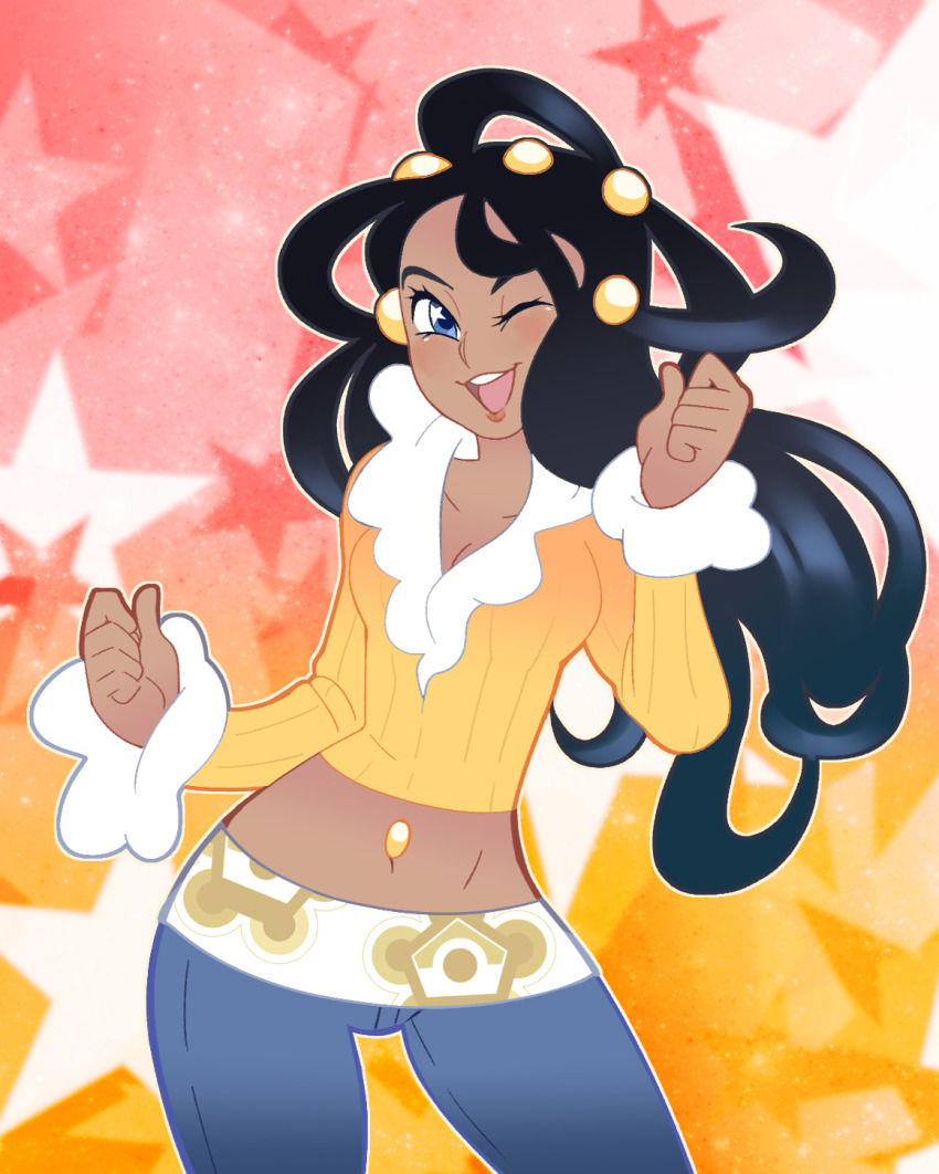 1girl black_hair blue_eyes breasts cleavage collarbone cowboy_shot dahlia_(pokemon) dark-skinned_female dark_skin highres long_sleeves looking_at_viewer medium_breasts midriff navel navel_piercing nintendo one_eye_closed open_mouth piercing pokemon pokemon_dppt pokemon_platinum smile solo star-shaped_pupils star_(symbol) symbol-shaped_pupils vergolophus