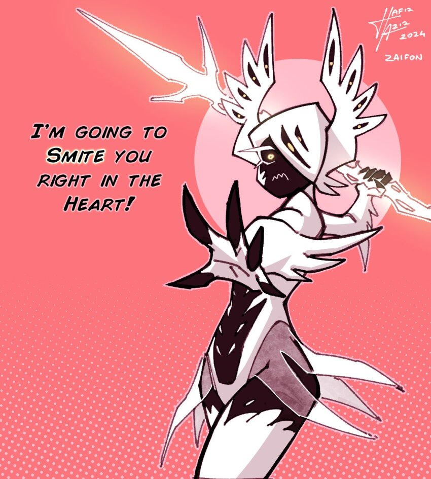 1girl angel angel_(za1f0n) black_skin colored_sclera colored_skin energy_spear english_text extra_eyes head_wings highres holding holding_polearm holding_weapon looking_at_viewer monochrome monster_girl original polearm signature spear twitter_username valentine weapon wings yellow_eyes yellow_sclera za1f0n