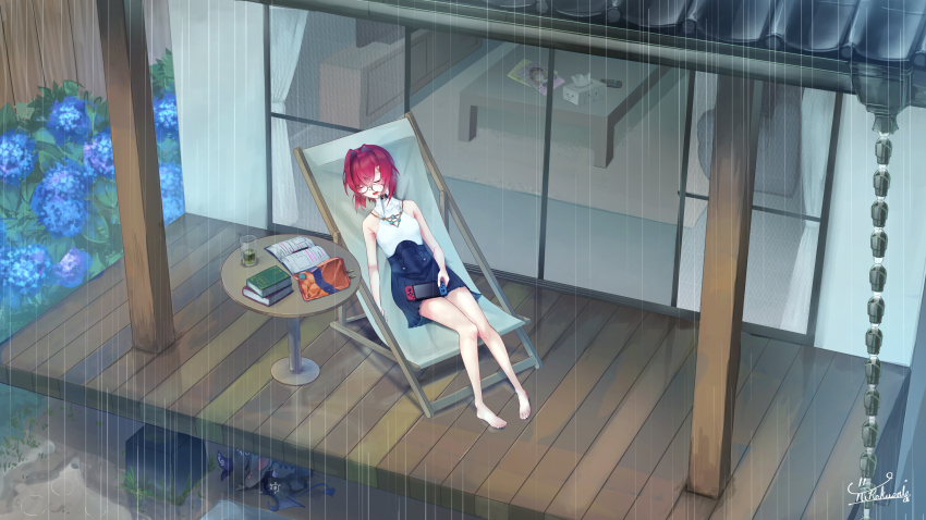 1girl 1other absurdres ange_katrina ange_katrina_(2nd_costume) bare_shoulders blue_flower book bookshelf cup debidebi_debiru drooling flower glass_door hair_between_eyes hair_intakes hair_ornament hairclip highres house jewelry light_smile necklace nijisanji nintendo_switch open_book open_mouth pleated_skirt rain red_hair shirt short_hair signature skirt sleeping sleeveless sleeveless_shirt sliding_doors snack veranda virtual_youtuber window yurakusai