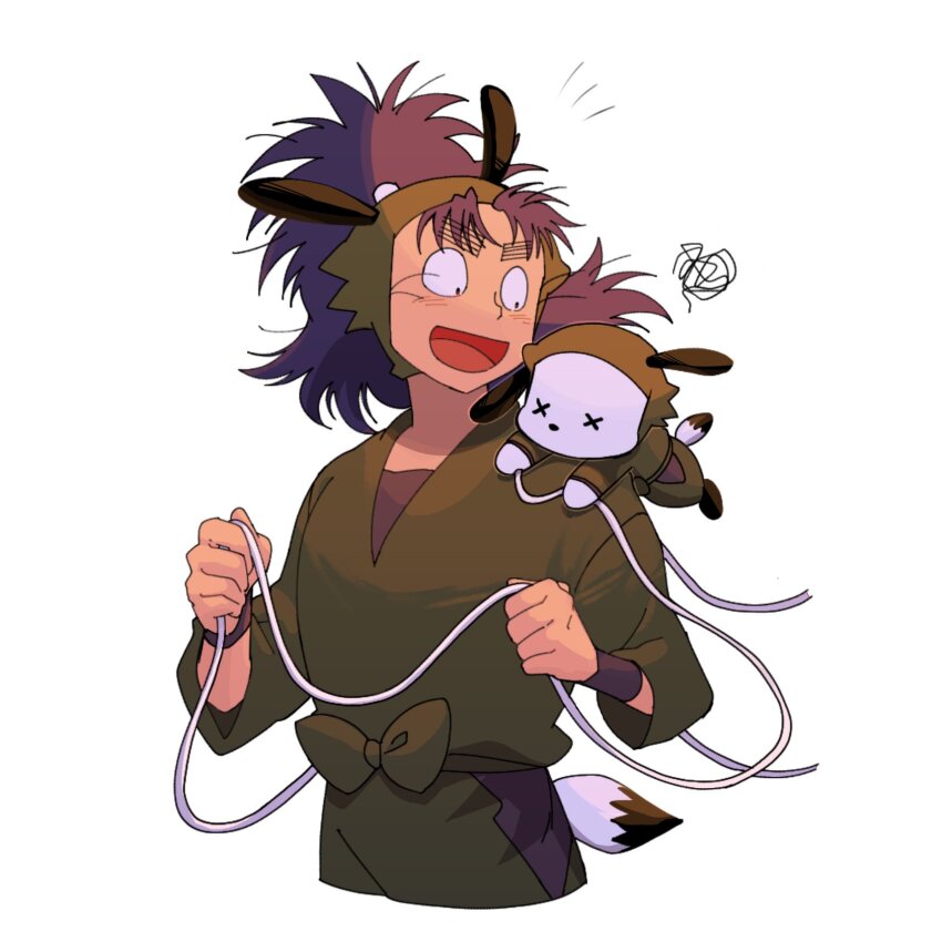 1boy :d animal animal_on_shoulder black_ears black_tail black_undershirt bow clenched_hands clothed_animal cropped_legs crossover detached_hood evening green_bow green_hood green_pants green_shirt hand_guard highres holding holding_string hood hood_up kemonomimi_mode looking_at_another male_focus nanamatsu_koheita notice_lines open_mouth pants pochacco ponytail rakudai_ninja_rantarou ruiori_saikou sanpaku sanrio sash shirt short_tail simple_background smile spoken_squiggle squiggle string tail three-quarter_sleeves turning_head two-handed two-tone_tail waist_bow white_background white_string white_tail x_x