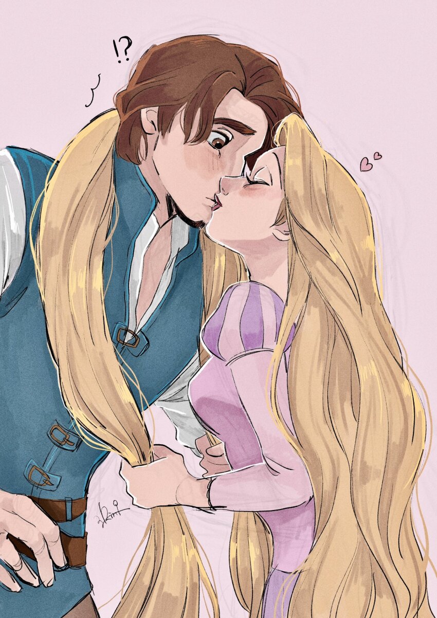 !? 1boy 1girl aqua_vest assertive_female blonde_hair blush breasts brown_eyes brown_hair closed_eyes collared_shirt couple dress flynn_rider heart hetero highres juliet_sleeves kiss long_hair long_sleeves medium_breasts parted_bangs pink_background pink_dress puffy_sleeves rapunzel_(disney) riri_adventure shirt tangled thick_eyebrows upper_body very_long_hair white_shirt
