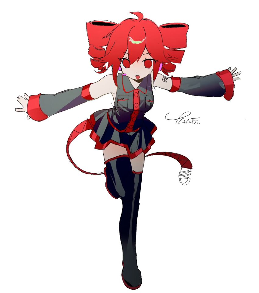 1girl blush_stickers boots collared_shirt commentary detached_sleeves drill_hair full_body hashtag-only_commentary headphones highres kasane_teto kasane_teto_(utau) long_sleeves open_mouth outstretched_arms pleated_skirt red_eyes red_hair shirt single_blush_sticker skirt sleeveless sleeveless_shirt smile solo standing standing_on_one_leg tanglaoban1225 thigh_boots twin_drills utau