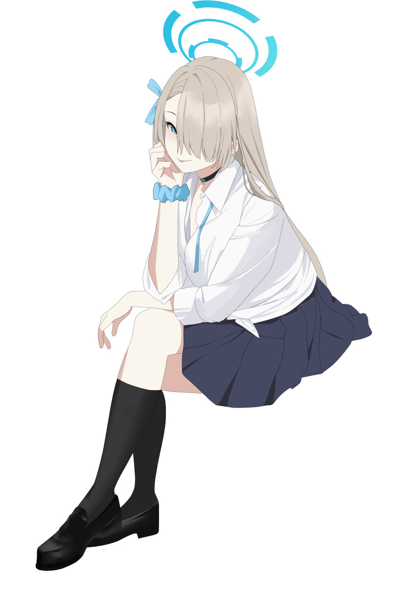 1girl absurdres asuna_(blue_archive) asuna_(school_uniform)_(blue_archive) black_shoes black_socks blonde_hair blue_archive blue_eyes blue_ribbon blue_scrunchie blue_skirt blush closed_mouth crossed_legs hair_over_one_eye hair_ribbon hand_on_own_face highres kneehighs long_hair looking_at_viewer official_alternate_costume ribbon scrunchie shirt shoes sidelocks skirt smile socks solo tnr_(horiko1525) white_shirt wrist_scrunchie