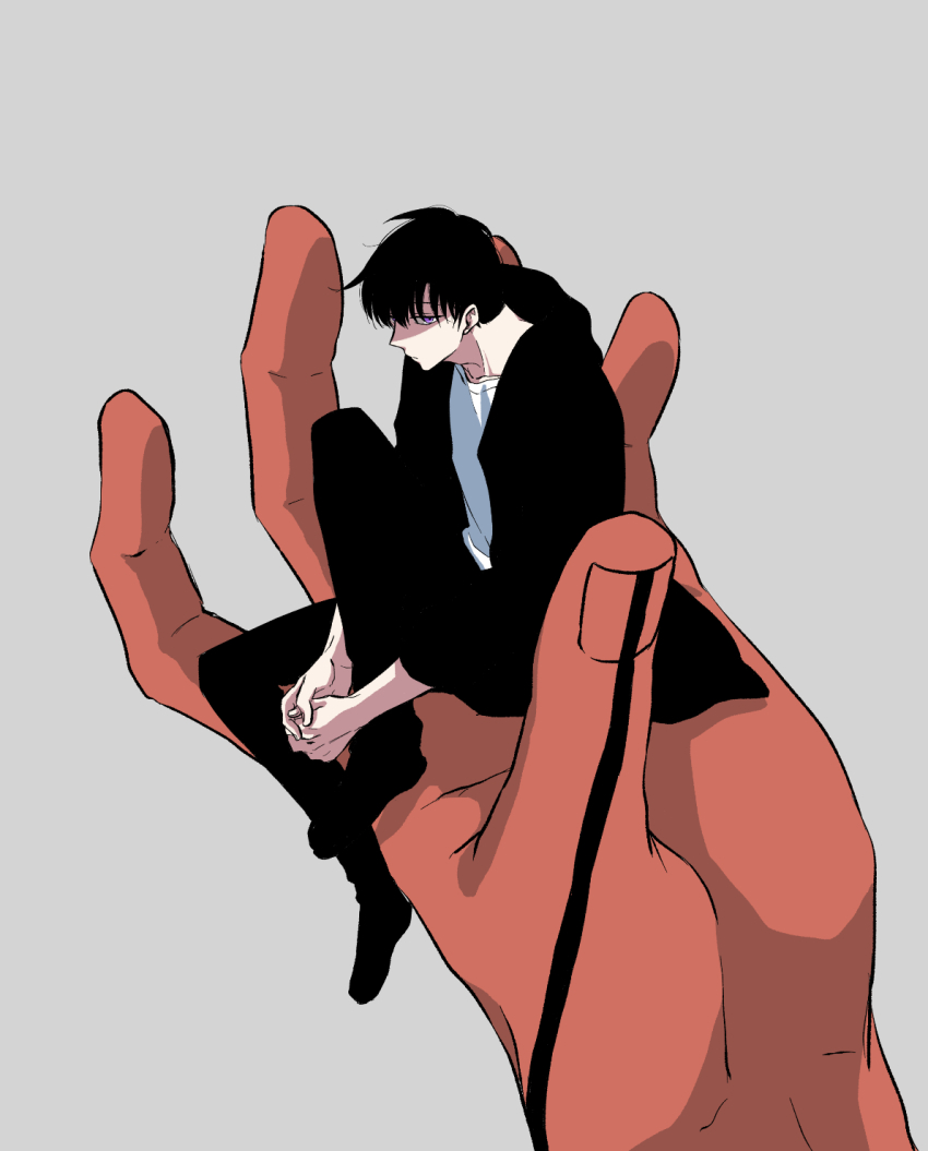 1boy 8mo10 black_footwear black_pants colored_skin expressionless giant_hand hand_tattoo highres hood hood_down hooded_jacket jacket looking_afar open_clothes open_jacket own_hands_together pants partially_shaded_face purple_eyes red_skin shirt sitting sitting_on_head sitting_on_person solo_leveling sung_jin-woo tattoo white_shirt