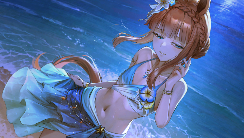1girl animal_ears bangle beach bikini blue_bikini blue_eyes blue_sarong blunt_bangs bracelet braid breasts brown_hair collarbone highres horse_ears horse_girl horse_tail jewelry long_hair long_sidelocks ocean official_alternate_costume official_alternate_hairstyle parted_lips sarong seikatsu sidelocks silence_suzuka_(emerald_on_the_waves)_(umamusume) silence_suzuka_(umamusume) small_breasts smile solo star_ornament swimsuit tail umamusume water waves