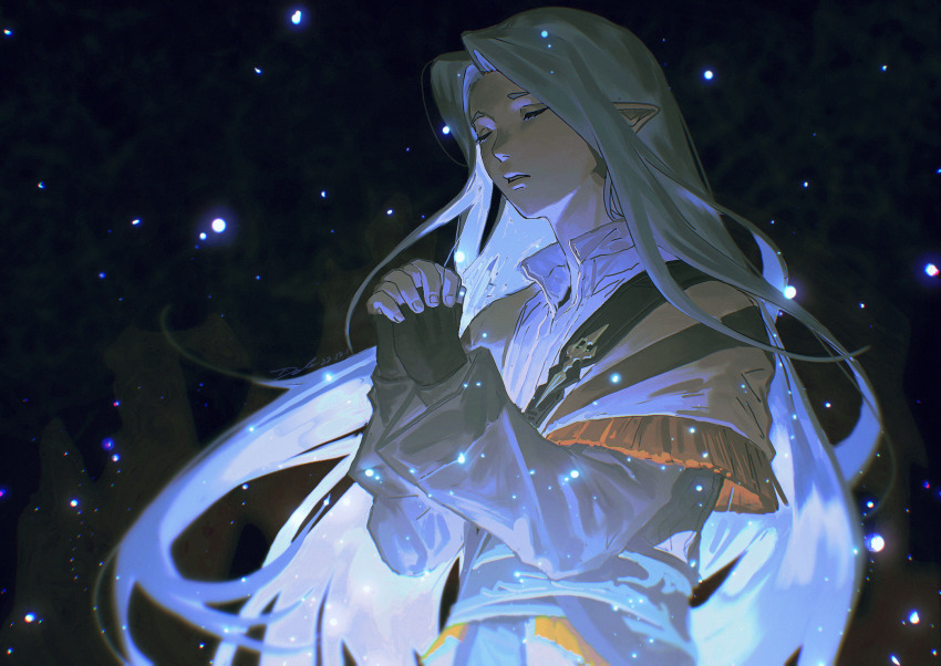 1boy black_background black_gloves brown_capelet capelet child chinese_commentary closed_eyes collared_shirt commentary_request dated dele14375735 elezen elf final_fantasy final_fantasy_xiv fingerless_gloves fringe_trim from_side gloves glowing grey_hair hands_up highres interlocked_fingers light_particles long_hair long_sleeves male_focus myste_(ff14) own_hands_clasped own_hands_together parted_lips pointy_ears praying shirt signature solo upper_body white_shirt