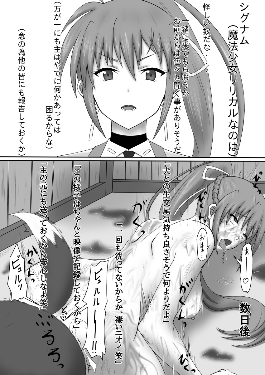 1girl absurdres ass-to-ass bestiality blush braid breasts dog greyscale highres instant_loss large_breasts looking_at_viewer lyrical_nanoha mahou_shoujo_lyrical_nanoha_a&#039;s mahou_shoujo_lyrical_nanoha_strikers monochrome nipples nude open_mouth ponytail saliva sex signum simple_background tongue tongue_out translated zafira