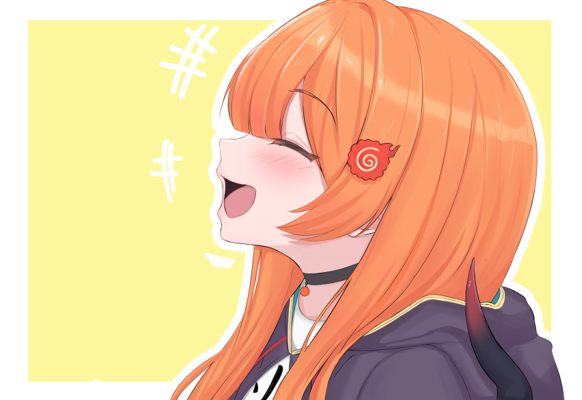 1girl absurdres blush blush_stickers closed_eyes commission dkbig hair_ornament happy highres hood hoodie long_hair miki_hitsugi open_mouth orange_hair simple_background smile solo specialite_en virtual_youtuber