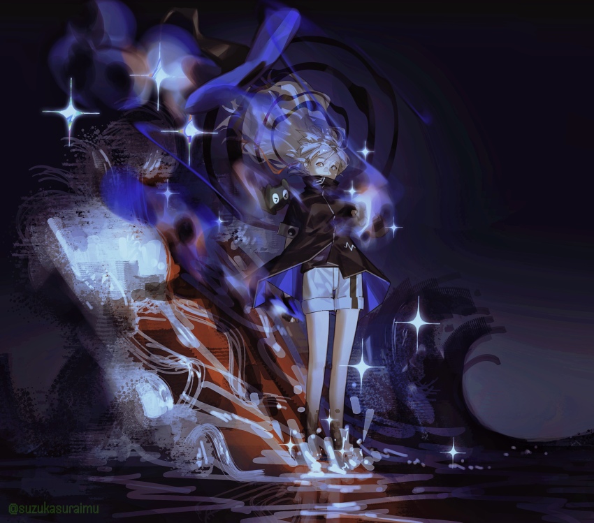 &gt;_&lt; 1girl absurdres black_background black_coat casting_spell chinese_commentary coat commentary_request creature floating_hat full_body gomidasu_(kamitsubaki_studio) gradient_background grey_eyes grey_hair hair_floating_upwards hand_up hat heterochromia highres isekaijoucho kamitsubaki_studio long_hair looking_ahead magic no_shoes red_eyes shorts solo sparkle standing standing_on_liquid suzukasuraimu twitter_username unworn_hat unworn_headwear virtual_youtuber waves white_shorts witch_hat