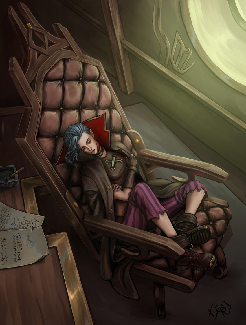 1girl absurdres arcane:_league_of_legends arcane_jinx blue_hair blue_nails boots braid commentary crop_top english_commentary fingerless_gloves gloves gold_trim highres ira_ivory jacket jinx_(league_of_legends) league_of_legends long_hair pants solo steel-toe_boots striped_clothes striped_pants twin_braids