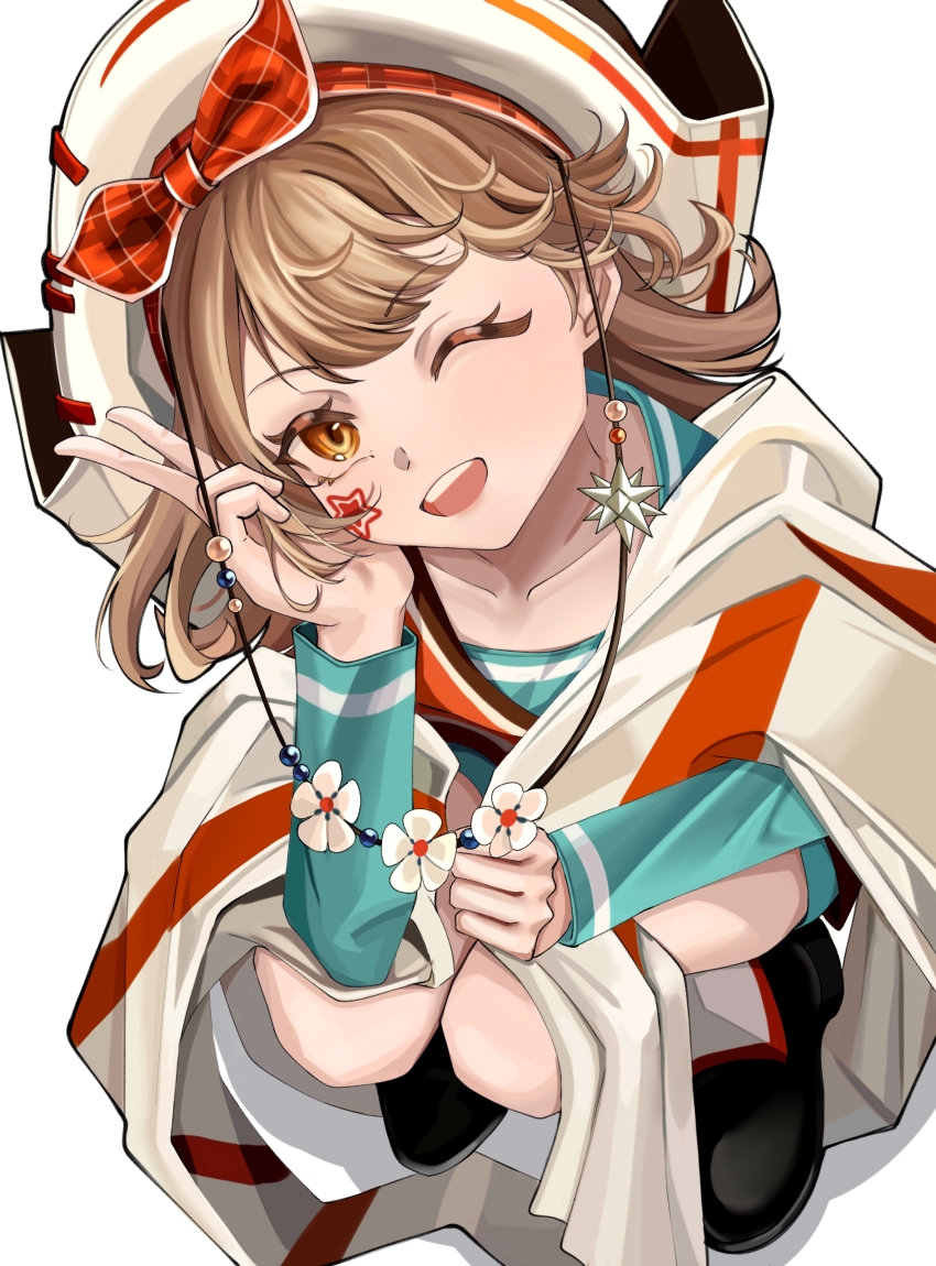 1girl ;d absurdres aqua_shirt banner bicorne black_shoes bow_hairband brown_hair facial_mark from_above full_body hairband hand_up hat highres holding_banner long_sleeves looking_at_viewer official_alternate_costume one_eye_closed open_mouth orange_eyes plaid_hairband qingmiao red_hairband red_vest regulus_(reverse:1999) regulus_(the_fierce_fan)_(reverse:1999) reverse:1999 shirt shoes short_hair smile solo squatting star_(symbol) star_facial_mark v vest white_background white_hat