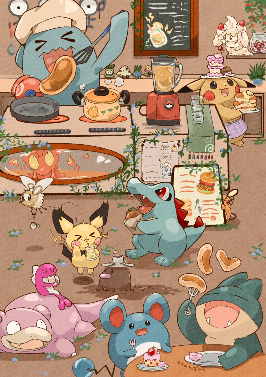 &gt;_&lt; alcremie bellsprout blender_(object) blue_skin chef_hat colored_skin commentary_request cooking_pot cup dedenne diglett fangs food fork gen_1_pokemon gen_2_pokemon gen_3_pokemon gen_4_pokemon gen_5_pokemon gen_6_pokemon gen_7_pokemon gen_8_pokemon glass hat highres holding holding_fork holding_spatula indoors jumping kitchen marill munchlax nintendo no_humans oddish open_mouth pancake petilil pichu pikachu poke_ball_symbol pokemon pokemon_(creature) psyduck red_eyes ribombee shroomish sign slowpoke slugma spatula stove table tail tatsugiri tatsugiri_(droopy) teacup totodile unown unown_f wobbuffet zozozoshion