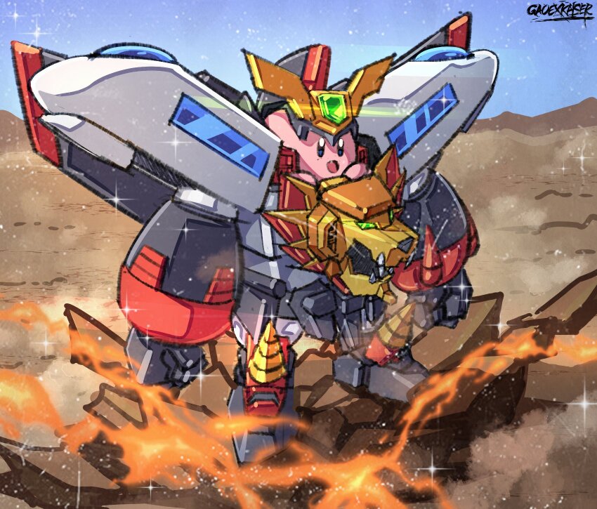 artist_name cosplay crossover drill fire gao_ex_kaiser gaogaigar gaogaigar_(cosplay) ground_shatter highres kirby kirby:_planet_robobot kirby_(series) looking_ahead mecha mechanical_wings nintendo open_mouth robot sky smile solo sparkle standing v-fin wings yuusha_ou_gaogaigar yuusha_series