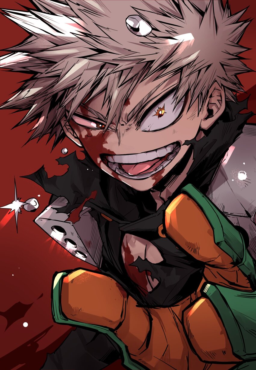 1boy bakugou_katsuki black_shirt blonde_hair blood blood_on_body blood_on_face boku_no_hero_academia chiyaya gloves hair_between_eyes highres injury looking_at_viewer male_focus multicolored_gloves open_mouth pants pectoral_cleavage pectorals reaching reaching_towards_viewer red_background shirt short_hair simple_background solo spiked_hair superhero_costume teeth tongue tongue_out torn_clothes torn_shirt uneven_eyes wide-eyed