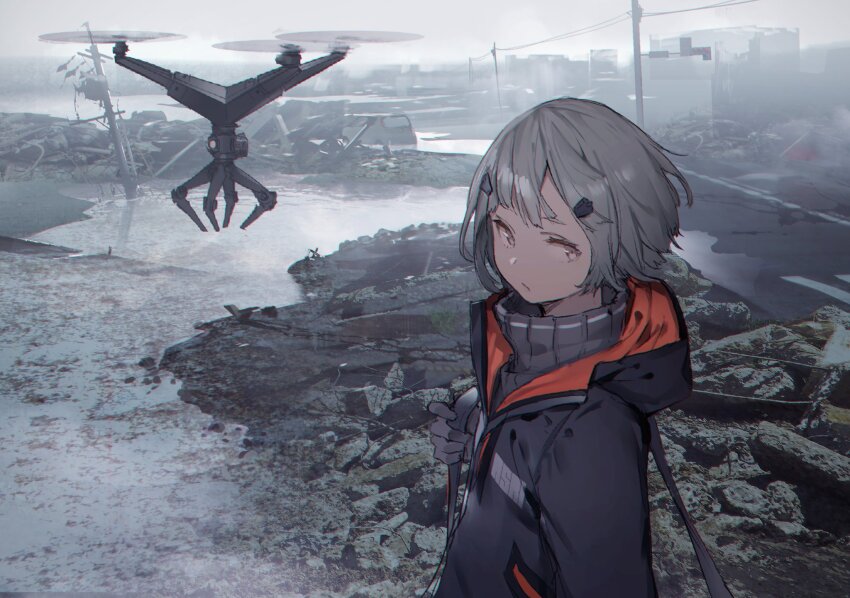 1girl ajira_mikoto cropped_torso dirt_road drone fog grey_hair grey_sky hair_ornament hairclip highres hood hoodie jacket looking_to_the_side mogumo road ruins short_hair sky standing tokoshie_bullet turtleneck turtleneck_jacket utility_pole