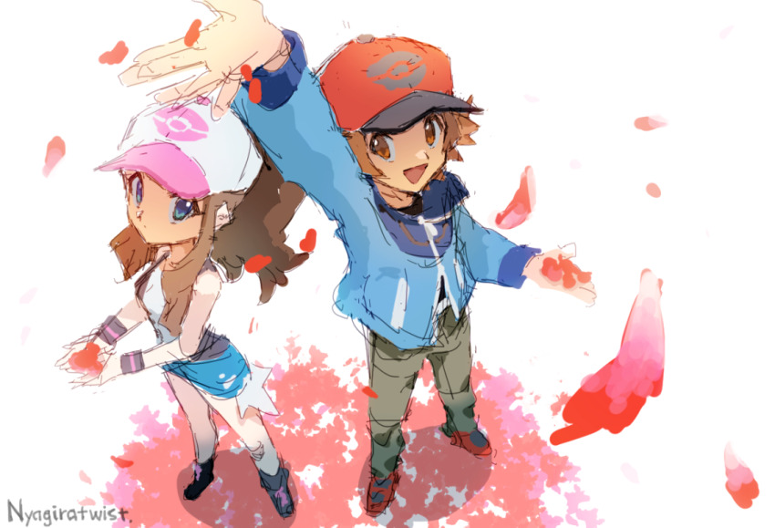 1boy 1girl arm_up artist_name bad_id bad_tumblr_id baseball_cap blue_eyes blue_jacket brown_eyes exposed_pocket falling_petals full_body hat hilbert_(pokemon) hilda_(pokemon) holding holding_petal jacket looking_at_viewer nintendo nyagiratwist outstretched_arm petals pokemon pokemon_bw smile standing white_background