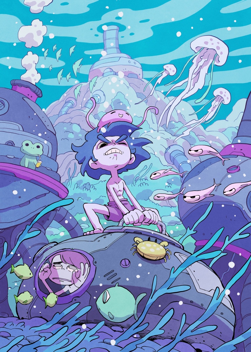 1boy against_glass air_bubble brothers bubble coral crab cup drinking_straw fantasy fish freediving frog highres holding holding_breath holding_cup in_water jellyfish machinery male_swimwear migamigami multiple_boys nature ocean original pastel_colors seafloor siblings struggling submarine submerged swim_trunks swimming toon_(style) topless_male trapped underwater underwater_shot water watercraft window