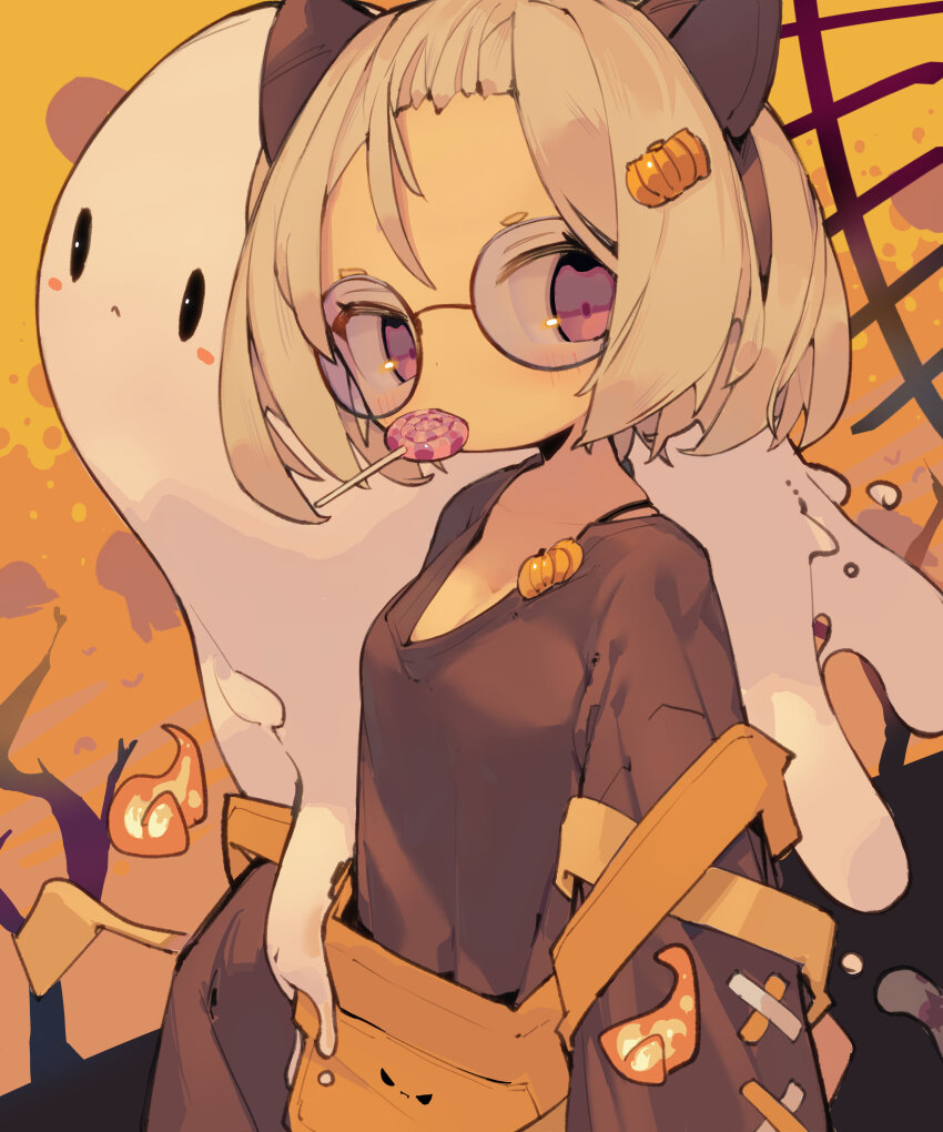 1girl :&lt; absurdres animal_ear_hairband animal_ears apron bangs_pinned_back black_hairband black_shirt blush_stickers breasts candy cat_ears closed_mouth commentary dated_commentary fake_animal_ears food food-themed_hair_ornament food_in_mouth forehead ghost grey_hair hair_ornament hairband halloween highres lollipop long_sleeves nep_(nep_76) orange_apron original oversized_clothes oversized_shirt pink_hair pumpkin_hair_ornament round_eyewear shirt short_hair small_breasts solo sunglasses symbol-only_commentary