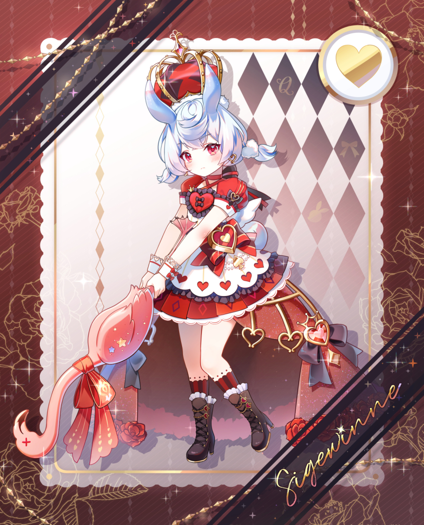 1girl alternate_costume animal_ears bird black_boots black_bow blue_hair blush boots bow character_name closed_mouth commentary crown dress flamingo full_body genshin_impact hair_ornament high_heel_boots high_heels highres holding karen_(navy_42) looking_at_viewer melusine_(genshin_impact) pom_pom_(clothes) pom_pom_hair_ornament puffy_short_sleeves puffy_sleeves red_dress red_eyes short_sleeves sigewinne_(genshin_impact) solo symbol-only_commentary white_wrist_cuffs wrist_cuffs