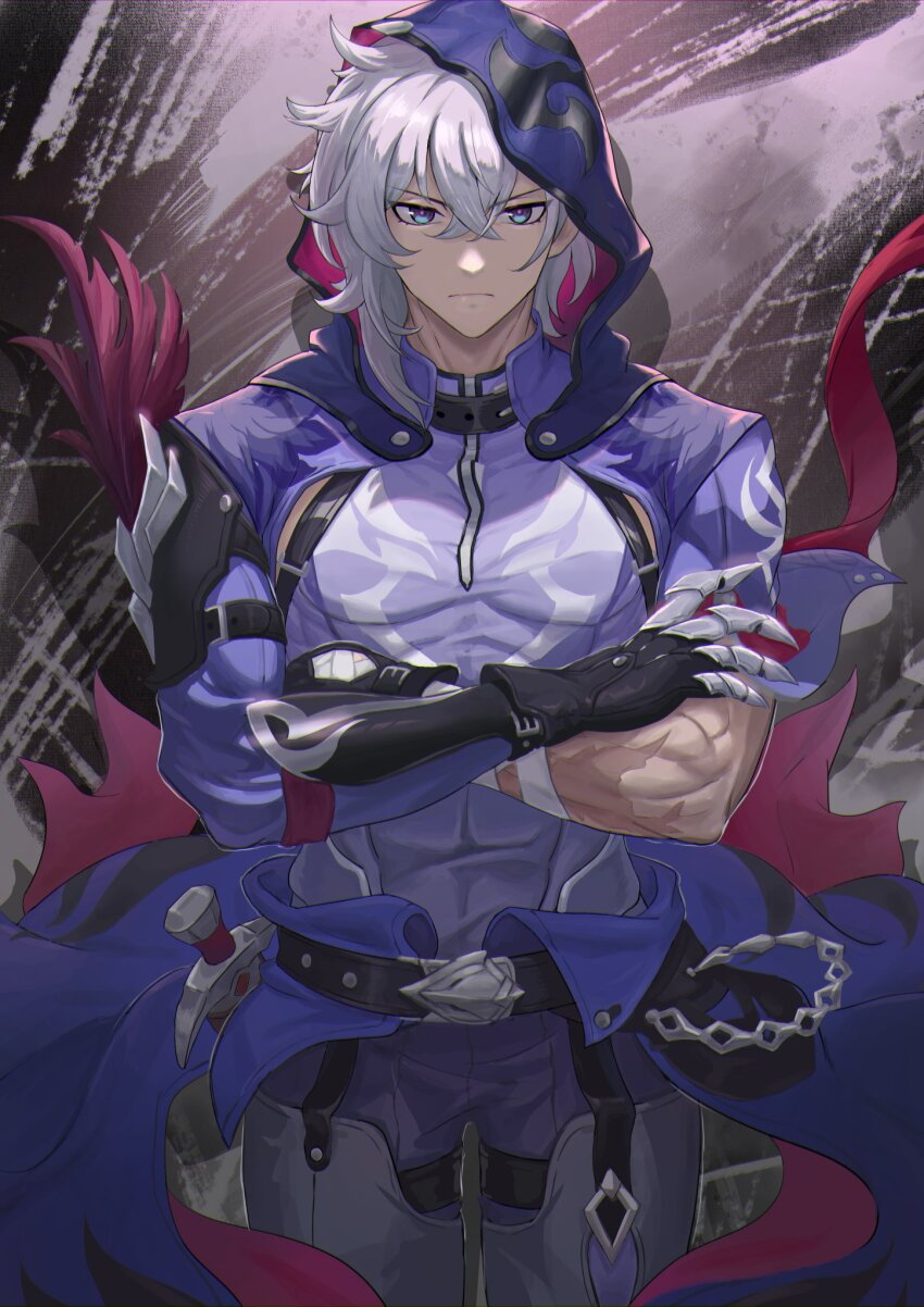 1boy asymmetrical_hair belt belt_buckle belt_collar buckle chain closed_mouth coat collar commentary compression_shirt crossed_arms crossed_bangs english_commentary floating_clothes frown grey_hair hair_between_eyes highres honkai:_star_rail honkai_(series) male_focus moze_(honkai:_star_rail) multicolored_eyes multiple_scars pants plume purple_coat purple_shirt redfield09 scar scar_on_arm shirt solo standing